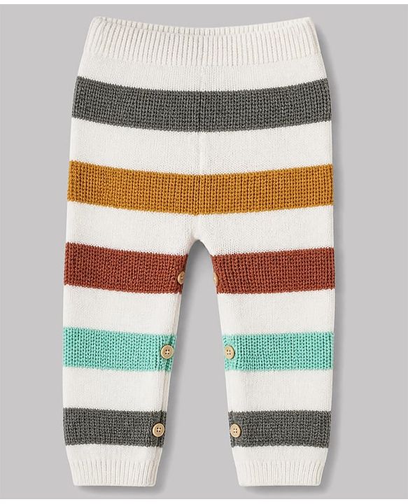 Babyhug 100% Cotton Knit Full Sleeves Striped Sweater Set with Cap - White