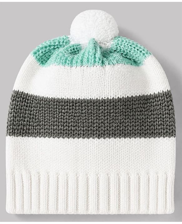Babyhug 100% Cotton Knit Full Sleeves Striped Sweater Set with Cap - White