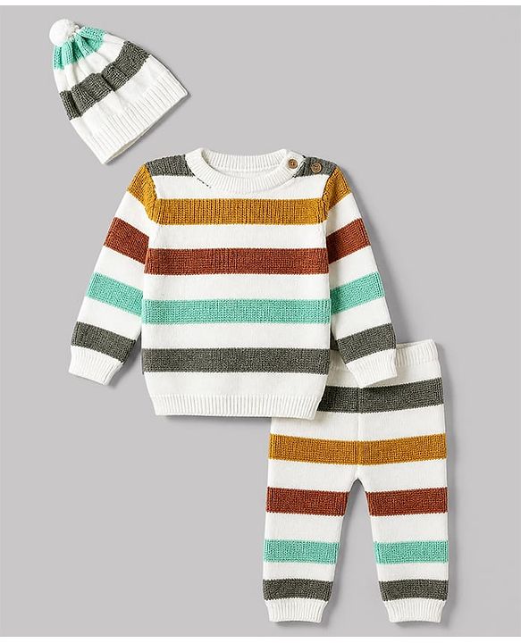 Babyhug 100% Cotton Knit Full Sleeves Striped Sweater Set with Cap - White