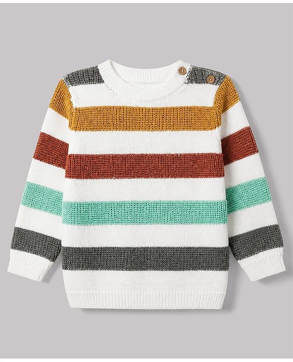 Babyhug 100% Cotton Knit Full Sleeves Striped Sweater Set with Cap - White