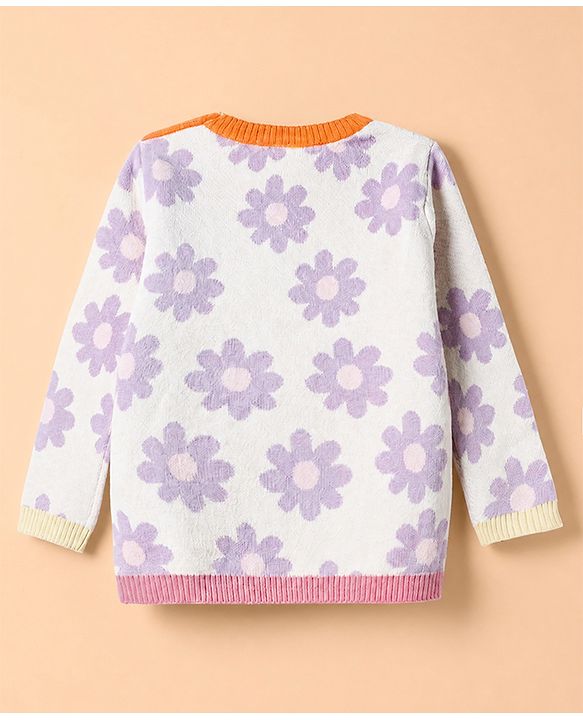 Babyhug 100% Cotton Knit Full Sweater sets with Cap & Floral Design - Lavender