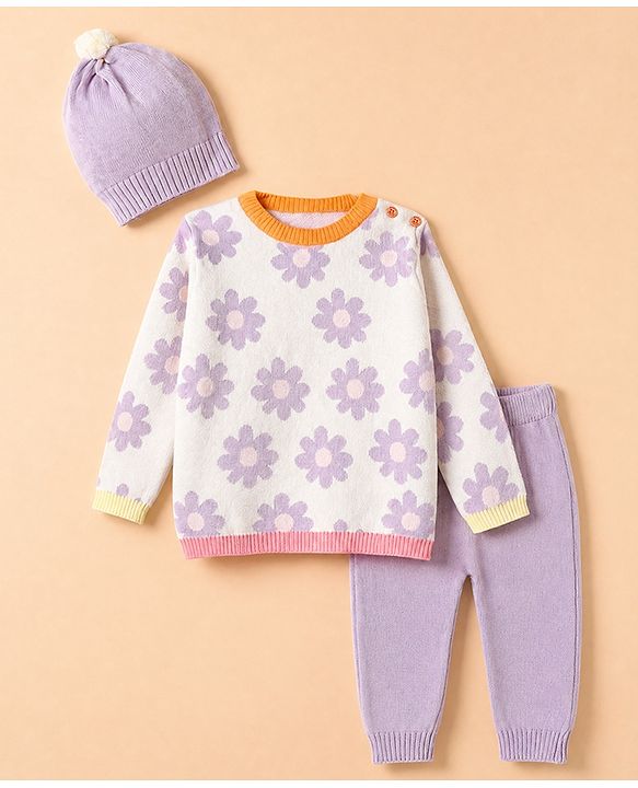 Babyhug 100% Cotton Knit Full Sweater sets with Cap & Floral Design - Lavender