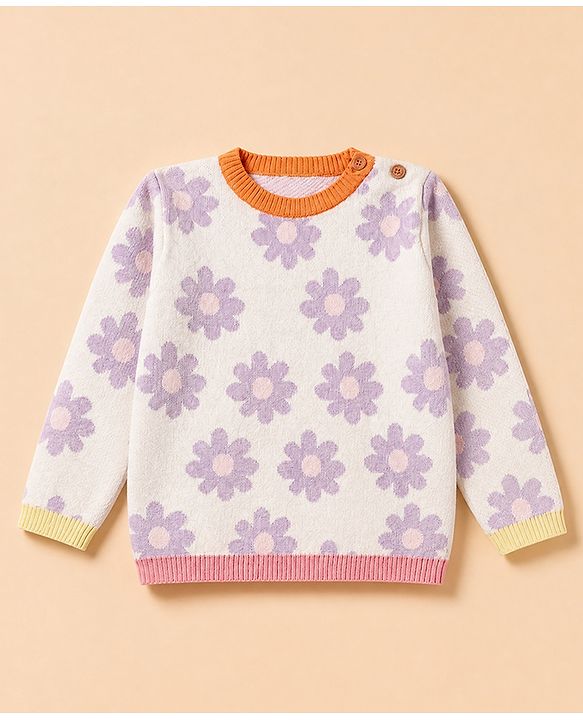 Babyhug 100% Cotton Knit Full Sweater sets with Cap & Floral Design - Lavender