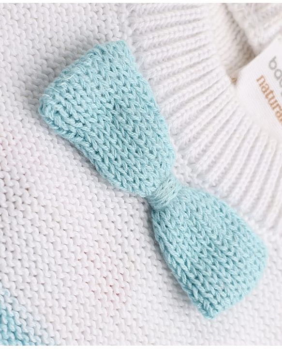 Babyhug Natural 100% Cotton Knit Full Sleeves Winter Wear Romper With Bow Applique - Light Blue