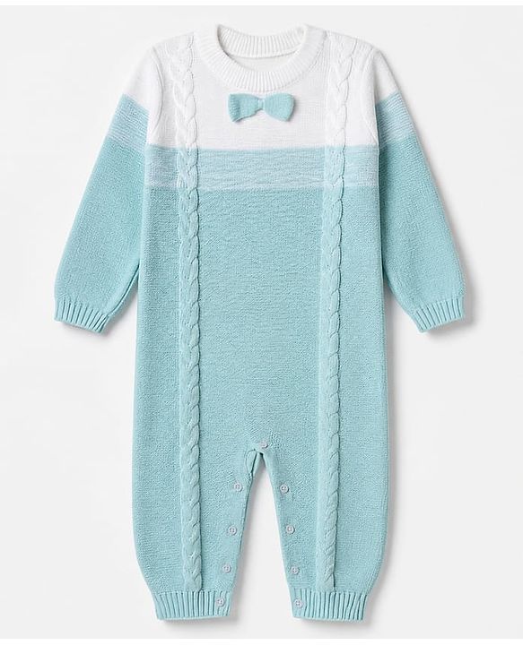 Babyhug Natural 100% Cotton Knit Full Sleeves Winter Wear Romper With Bow Applique - Light Blue