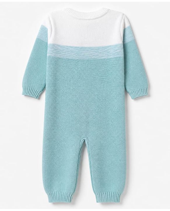Babyhug Natural 100% Cotton Knit Full Sleeves Winter Wear Romper With Bow Applique - Light Blue