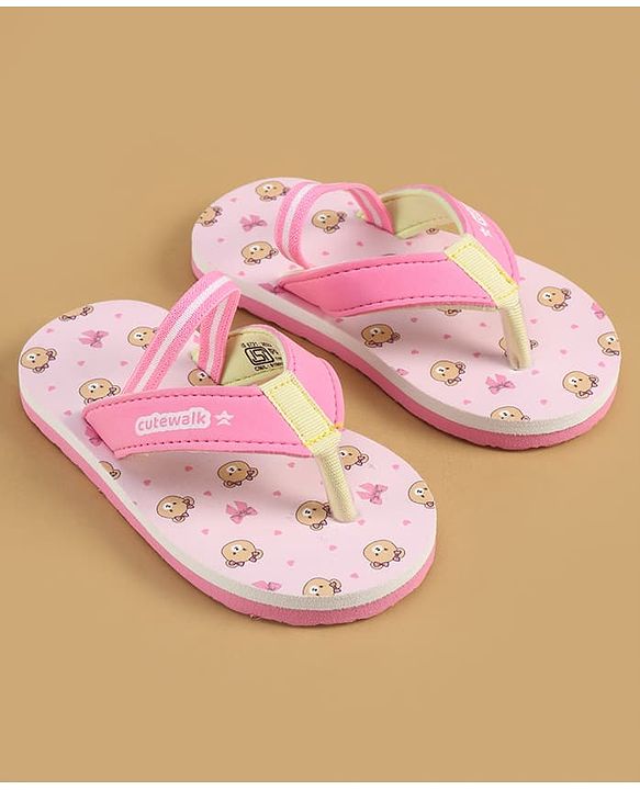 Cute Walk by Babyhug Back Strap Flip Flops with Bear Print - Pink
