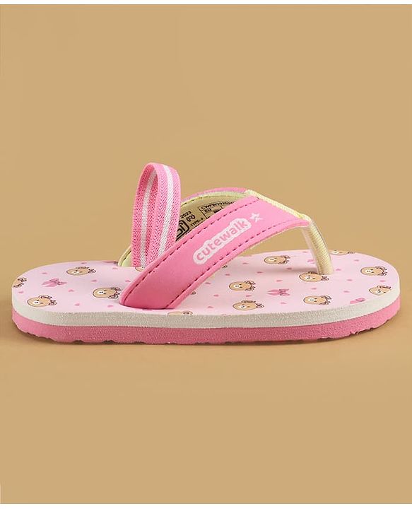Cute Walk by Babyhug Back Strap Flip Flops with Bear Print - Pink