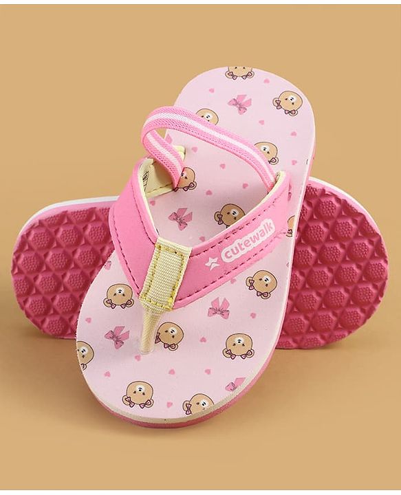 Cute Walk by Babyhug Back Strap Flip Flops with Bear Print - Pink