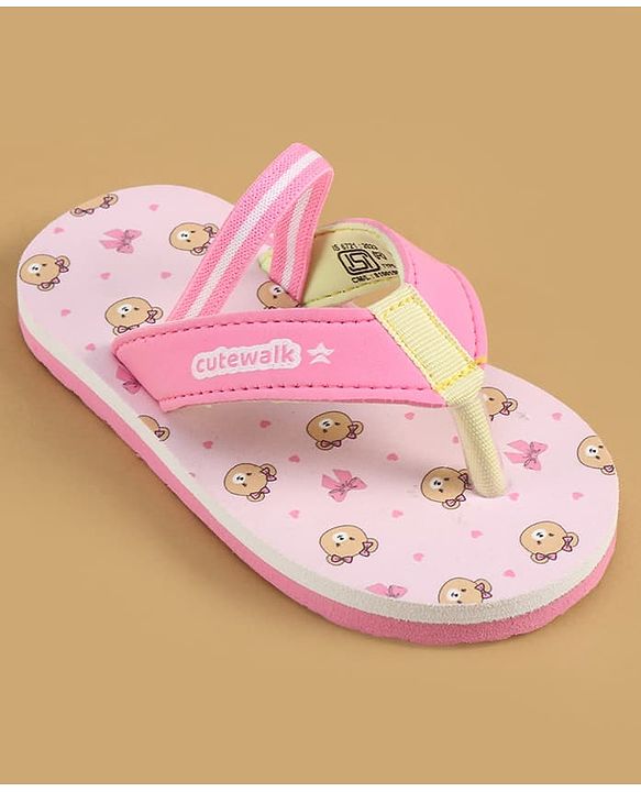 Cute Walk by Babyhug Back Strap Flip Flops with Bear Print - Pink