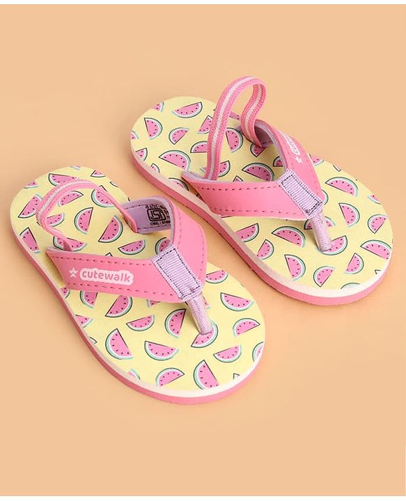 Cute Walk by Babyhug Back Strap Watermelon Printed Flip Flops - Yellow & Pink