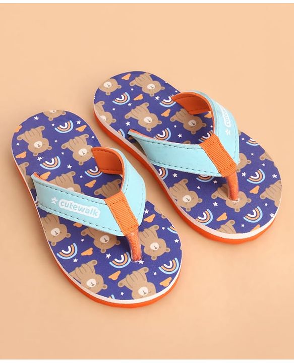 Cute Walk by Babyhug Slip Ons Flip Flop With Teddy & Rainbow Print - Blue