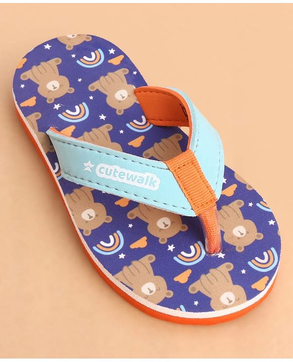 Cute Walk by Babyhug Slip Ons Flip Flop With Teddy & Rainbow Print - Blue
