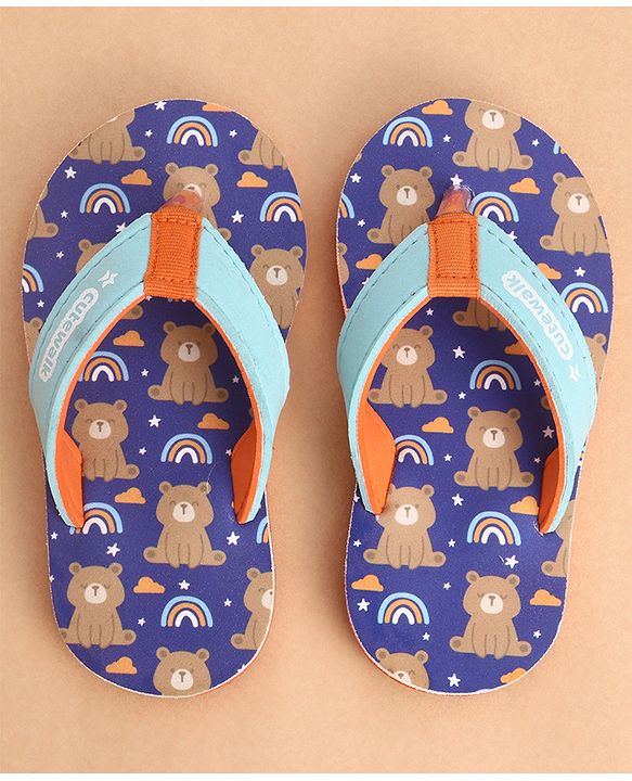 Cute Walk by Babyhug Slip Ons Flip Flop With Teddy & Rainbow Print - Blue