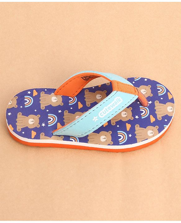 Cute Walk by Babyhug Slip Ons Flip Flop With Teddy & Rainbow Print - Blue