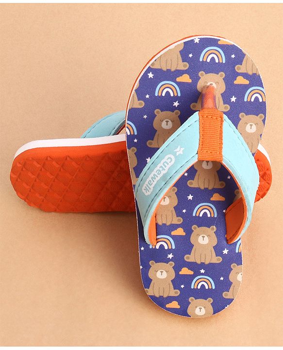 Cute Walk by Babyhug Slip Ons Flip Flop With Teddy & Rainbow Print - Blue