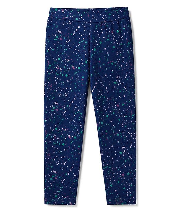 Pine Kids Cotton Lycra Knit Full Length Leggings with Colour Splash Print - Navy Blue
