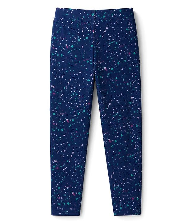 Pine Kids Cotton Lycra Knit Full Length Leggings with Colour Splash Print - Navy Blue