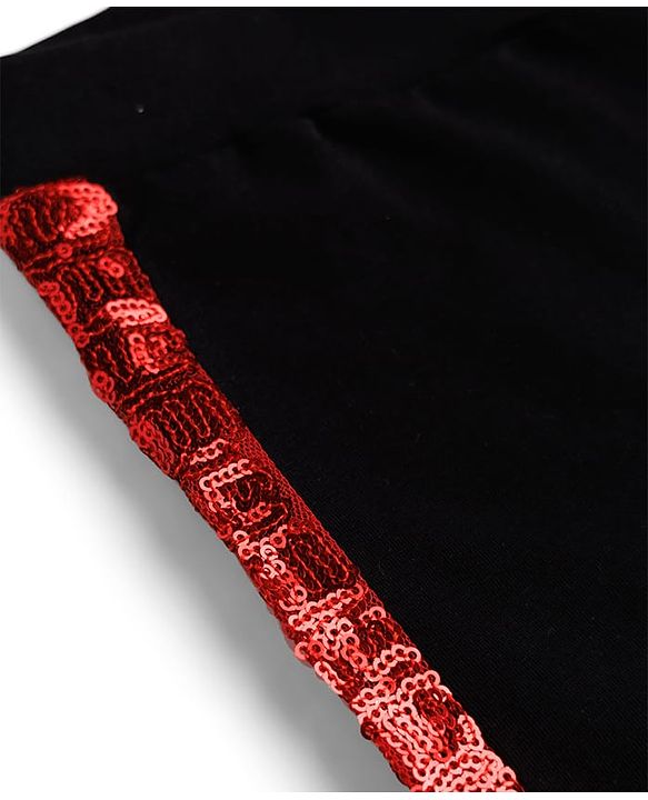 Pine Kids Cotton Lycra Knit Full Length Solid Colour Leggings with Side Sequinned Design- Black