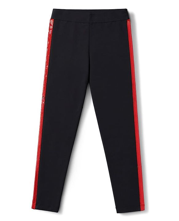 Pine Kids Cotton Lycra Knit Full Length Solid Colour Leggings with Side Sequinned Design- Black