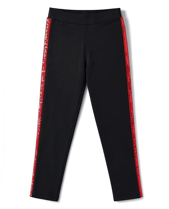 Pine Kids Cotton Lycra Knit Full Length Solid Colour Leggings with Side Sequinned Design- Black