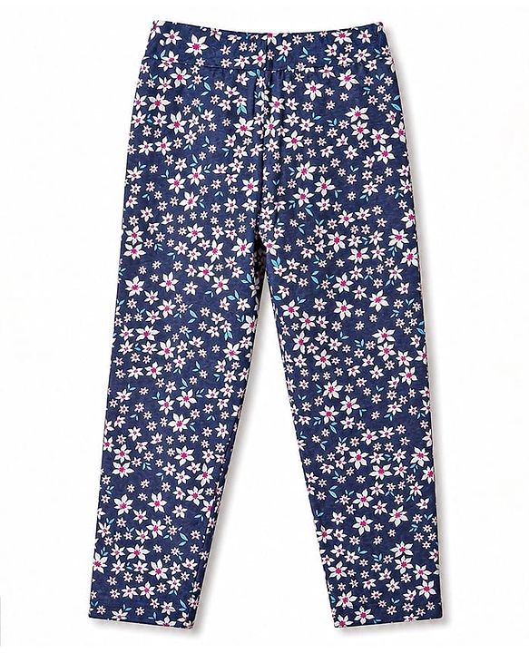 Pine Kids Cotton Lycra Knit Full Length Floral Printed Leggings - Navy Blue