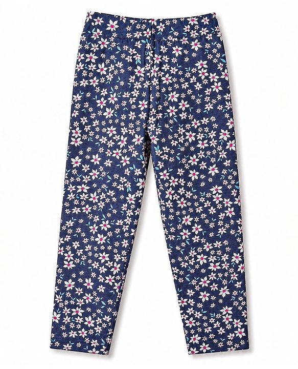 Pine Kids Cotton Lycra Knit Full Length Floral Printed Leggings - Navy Blue