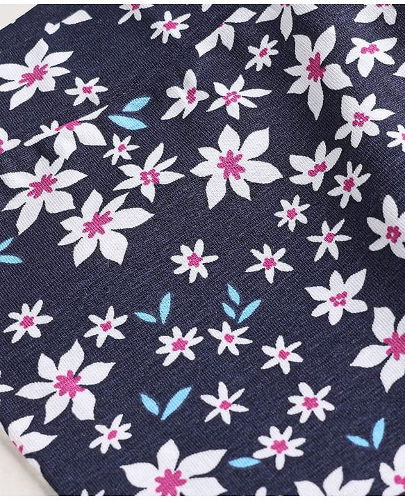 Pine Kids Cotton Lycra Knit Full Length Floral Printed Leggings - Navy Blue