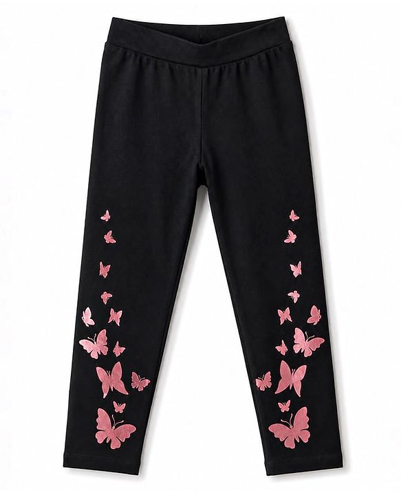 Pine Kids Cotton Lycra Knit Full Length Butterfly Glitter Printed Leggings - Black