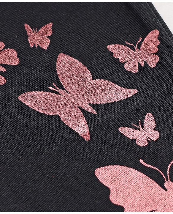 Pine Kids Cotton Lycra Knit Full Length Butterfly Glitter Printed Leggings - Black