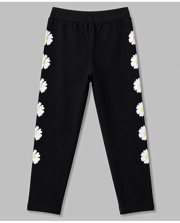 Pine Kids Cotton Lycra Knit Full Length Floral Printed Leggings - Black