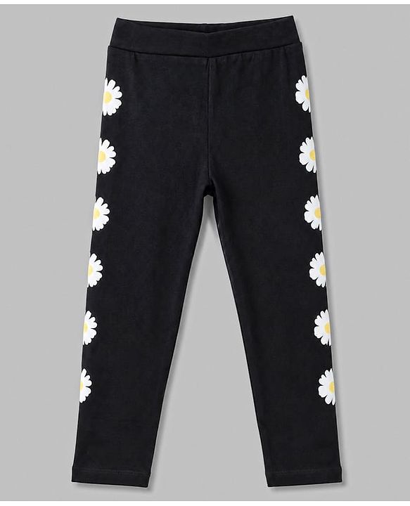 Pine Kids Cotton Lycra Knit Full Length Floral Printed Leggings - Black