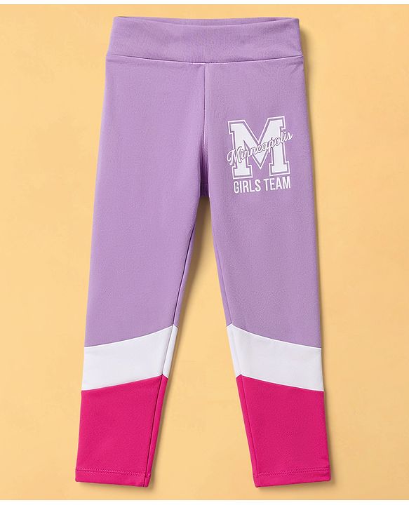 Pine Kids Cotton Lycra Knit Full Length Cut & Sew Leggings Colour Block Design - Lavender