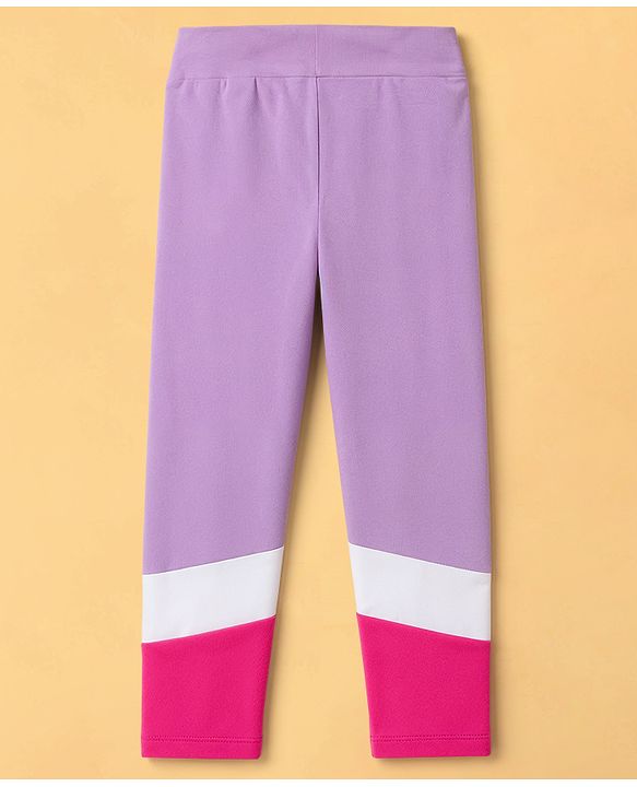 Pine Kids Cotton Lycra Knit Full Length Cut & Sew Leggings Colour Block Design - Lavender