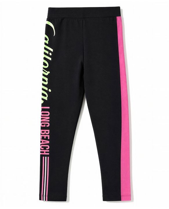 Pine Kids Cotton Lycra Knit Full Length Text Printed Leggings - Black