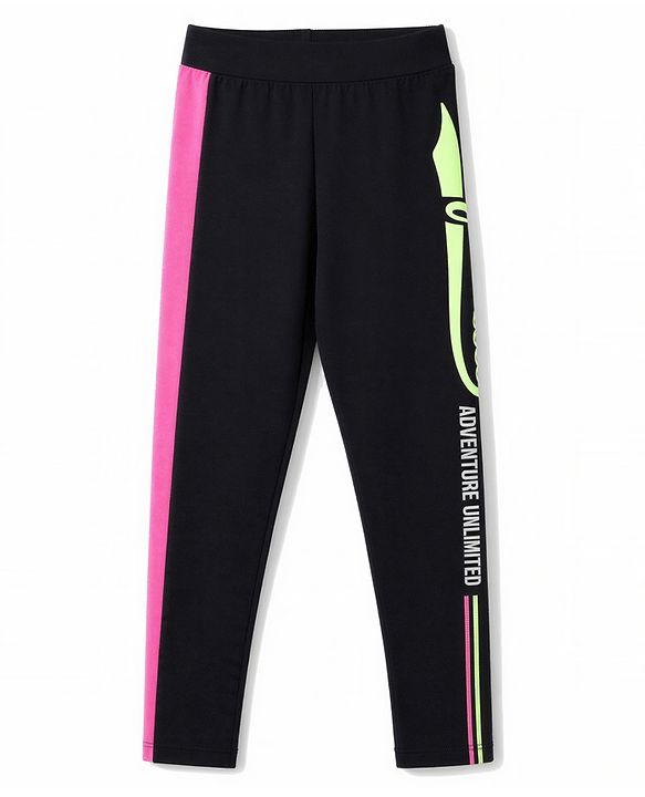 Pine Kids Cotton Lycra Knit Full Length Text Printed Leggings - Black