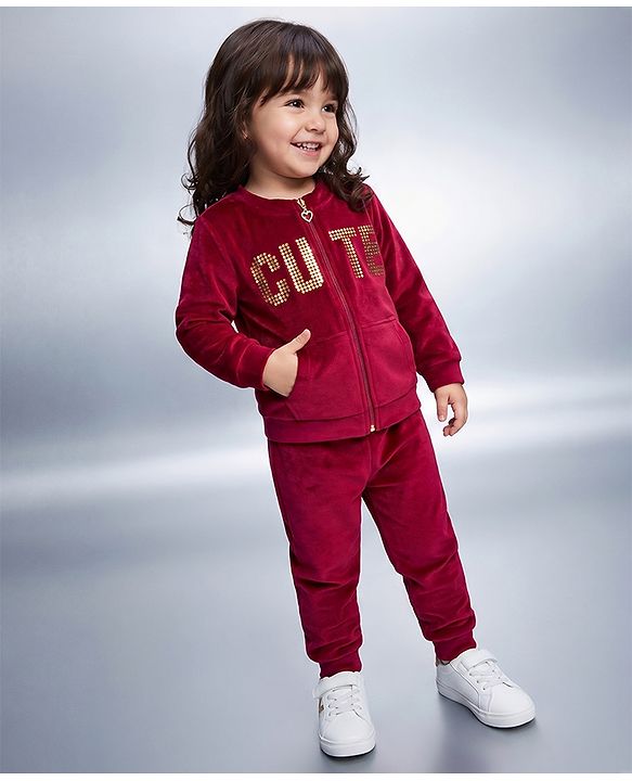 Babyhug Velour Full Sleeves Winter Wear Set With Text Foil Print - Wine