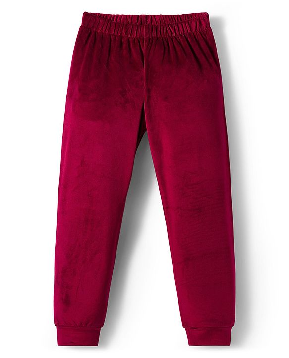 Babyhug Velour Full Sleeves Winter Wear Set With Text Foil Print - Wine