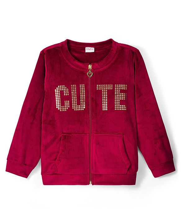 Babyhug Velour Full Sleeves Winter Wear Set With Text Foil Print - Wine