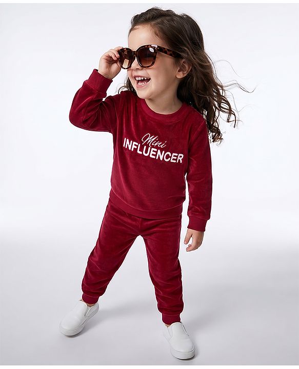 Babyhug Velour Full Sleeves Winter Wear Set With Text Embroidery - Maroon