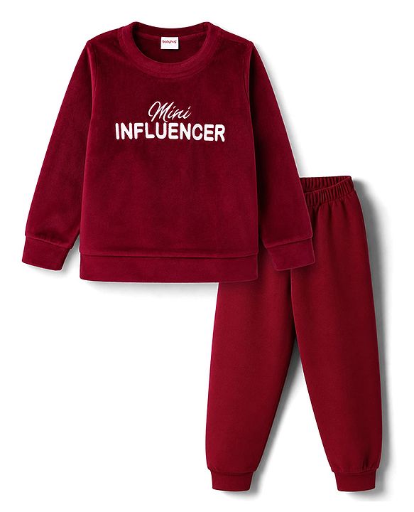 Babyhug Velour Full Sleeves Winter Wear Set With Text Embroidery - Maroon