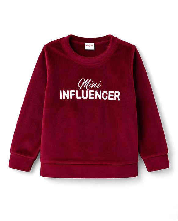 Babyhug Velour Full Sleeves Winter Wear Set With Text Embroidery - Maroon