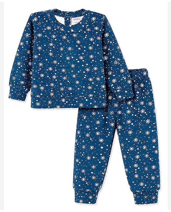 Babyhug Velour Full Sleeves Sweatshirt & Pant Co-Ord Winter Wear Suit With Snowflake Print - Navy Blue
