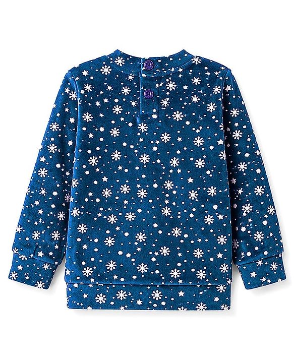 Babyhug Velour Full Sleeves Sweatshirt & Pant Co-Ord Winter Wear Suit With Snowflake Print - Navy Blue
