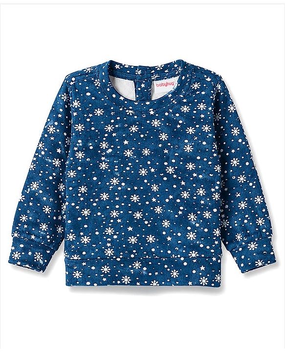 Babyhug Velour Full Sleeves Sweatshirt & Pant Co-Ord Winter Wear Suit With Snowflake Print - Navy Blue