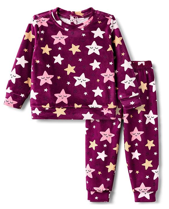 Babyhug Velour Full Sleeves Sweatshirt & Pant Co-Ord Winter Wear Suit With Star Print - Maroon