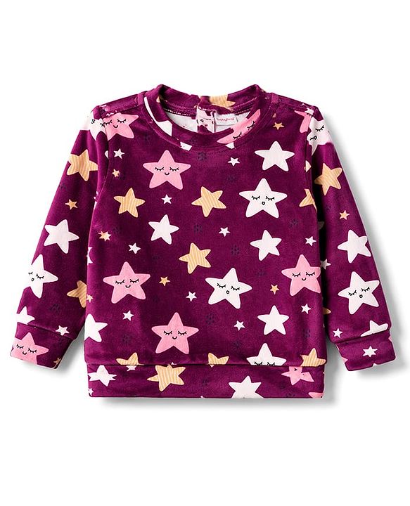 Babyhug Velour Full Sleeves Sweatshirt & Pant Co-Ord Winter Wear Suit With Star Print - Maroon