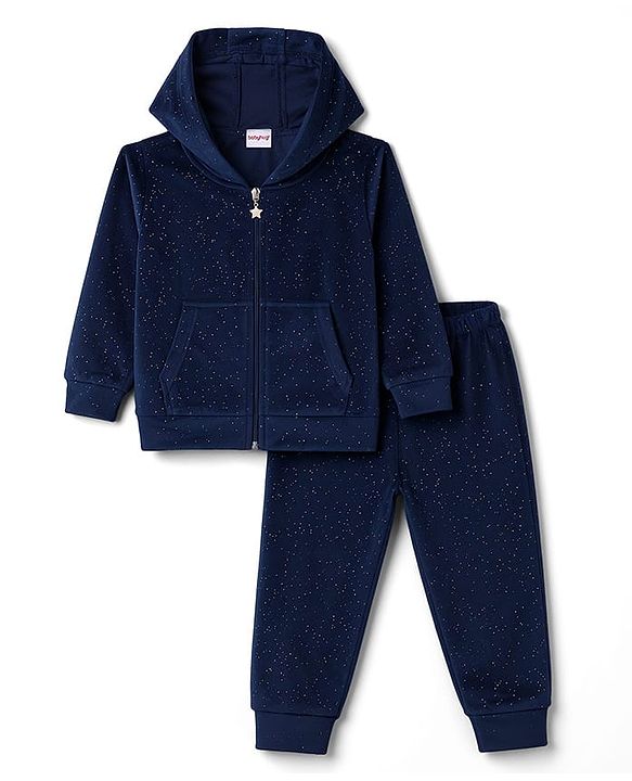 Babyhug Velour Full Sleeves Hooded Sweatshirt & Pant Co-Ord Winter Wear Suit With Galaxy Print - Navy Blue
