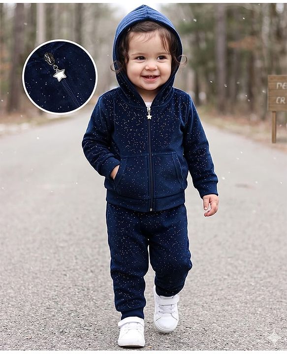 Babyhug Velour Full Sleeves Hooded Sweatshirt & Pant Co-Ord Winter Wear Suit With Galaxy Print - Navy Blue