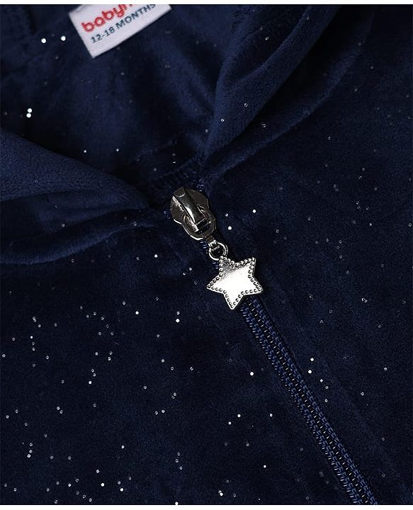 Babyhug Velour Full Sleeves Hooded Sweatshirt & Pant Co-Ord Winter Wear Suit With Galaxy Print - Navy Blue